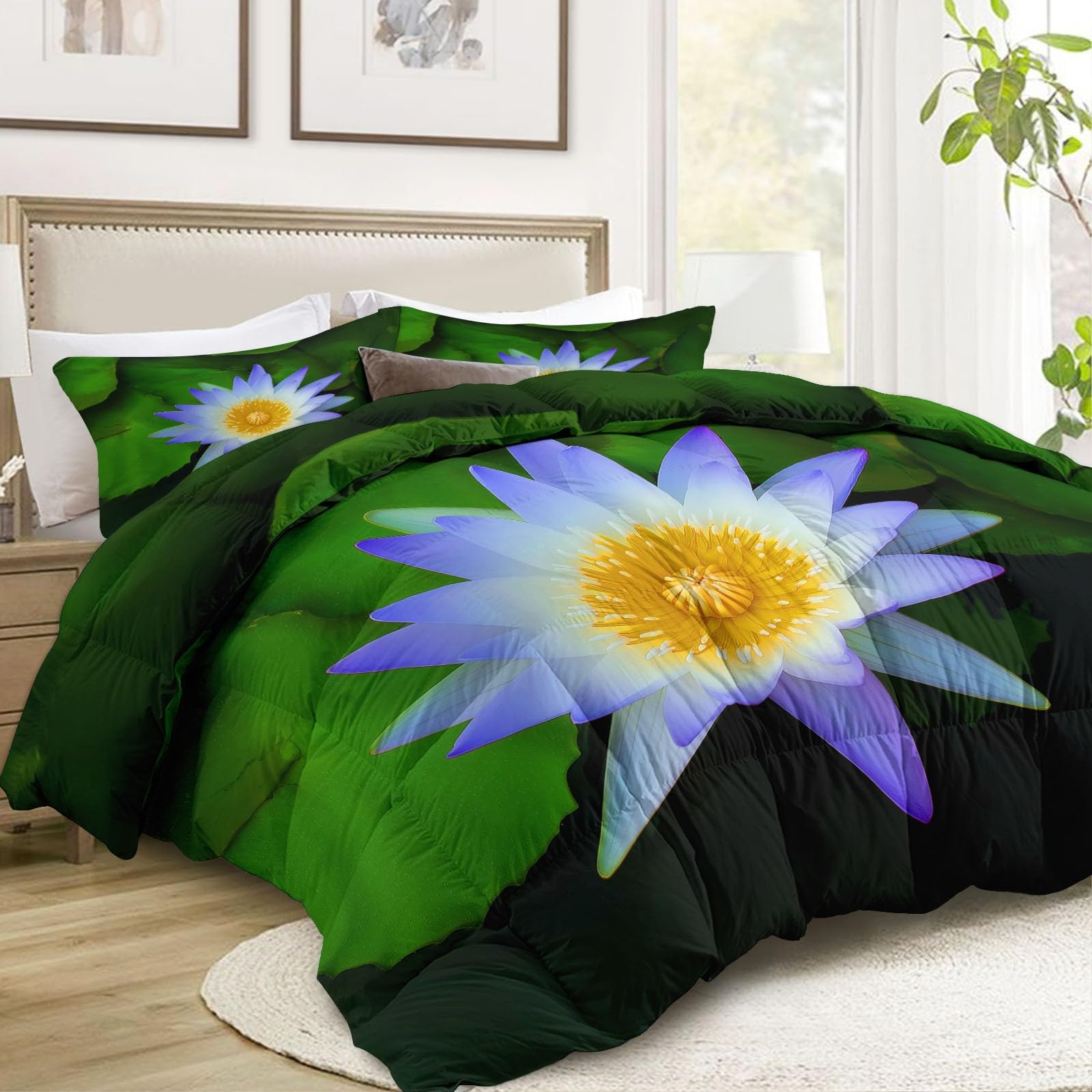 Générique Pikowana kołdra 220 x 240 cm Naturalne kwiaty liście lotosu z nadrukiem Kołdra bez rękawów, zielona kołdra 4 pory roku 2 osoby, można prać w pralce Kołdra i 2 poszewki na poduszki
