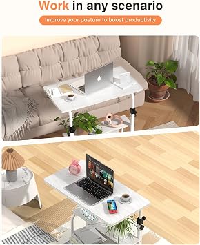 QZMDSM Portable Rolling Desk Small Standing Desk with Wheels Adjustable Height for Small Spaces Rolling Desk 32 Inch Computer Desk with Storage Shelf for Home Office Study White