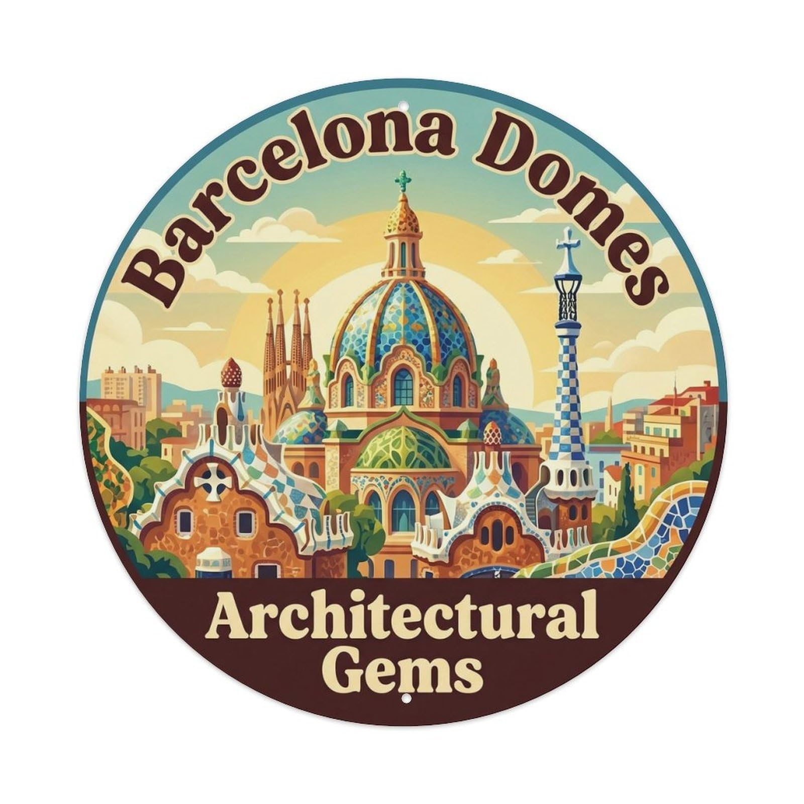 Barcelona Spanish Dome Building Heritage Destination Metal Tin Sign Plaque Wall Decor for Cafe, Man Cave, Club Bar, Office, Home Garden Round Metal Poster 8x8Inch