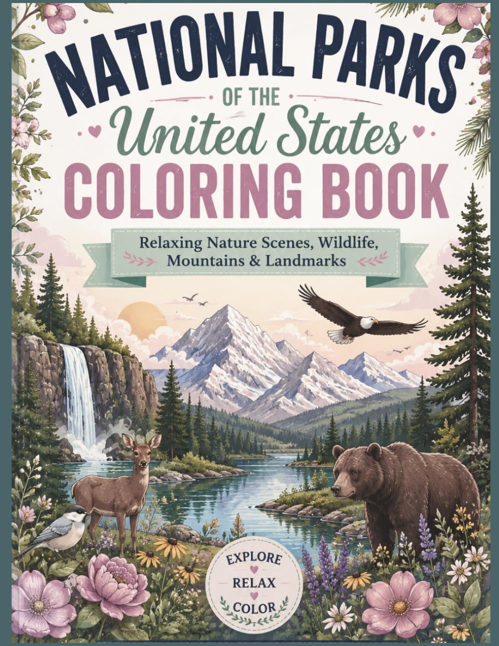 National Parks of the United States Coloring Book: Relaxing Nature Scenes, Wildlife, Mountains, Forests & Iconic Landscapes