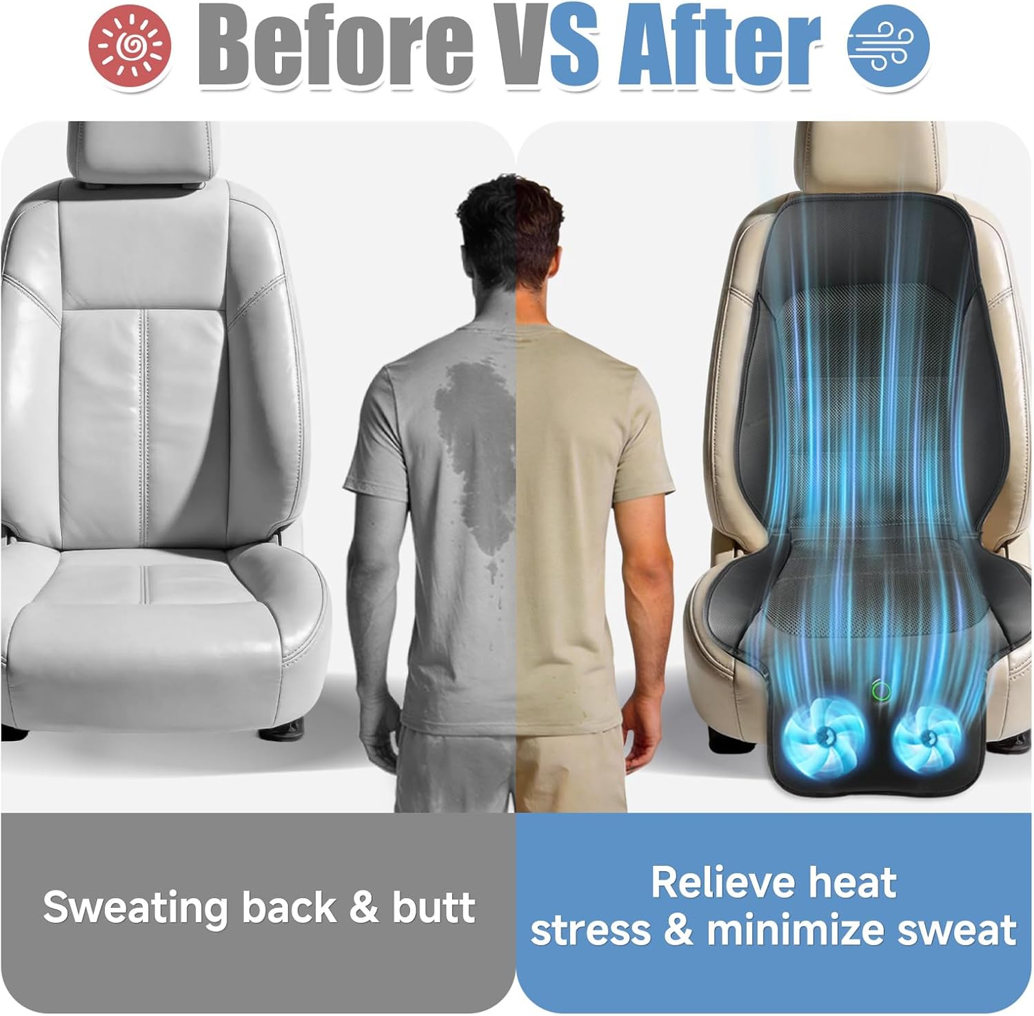 Upgraded Cooling Car Seat Cover, 12V 3-Speed Air Cool Seat Cushion Front Seat with 2 Turbo Fans, Universal Fit for Summer Car SUV Truck Home Office, Non-Slip Breathable 3D Mesh Leather, Black