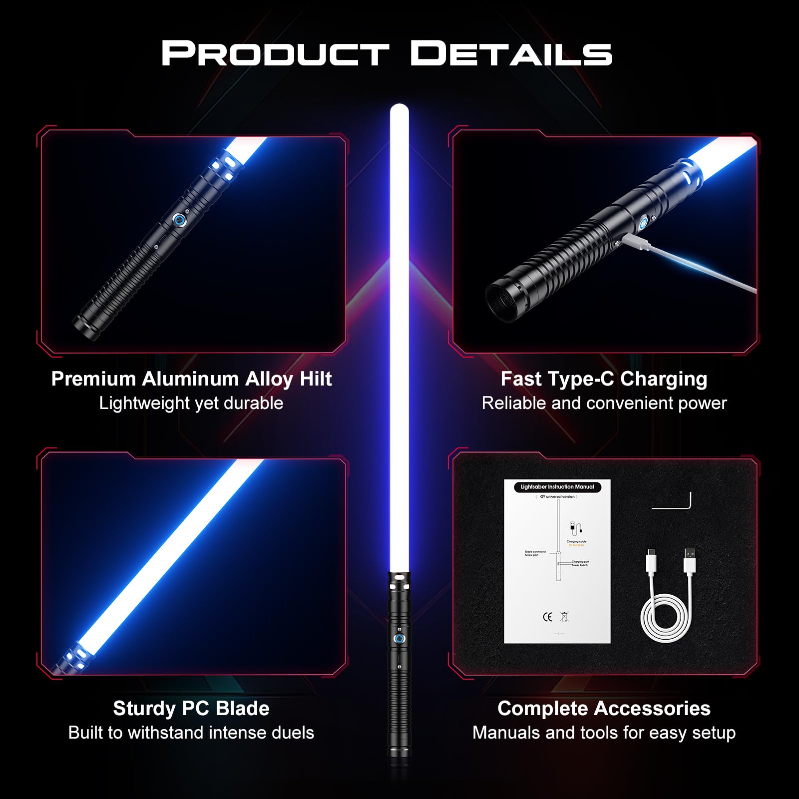 Sabre Laser Enfant RGB 11 Couleurs Rechargeable Type-C 77CM Poignée Aluminium