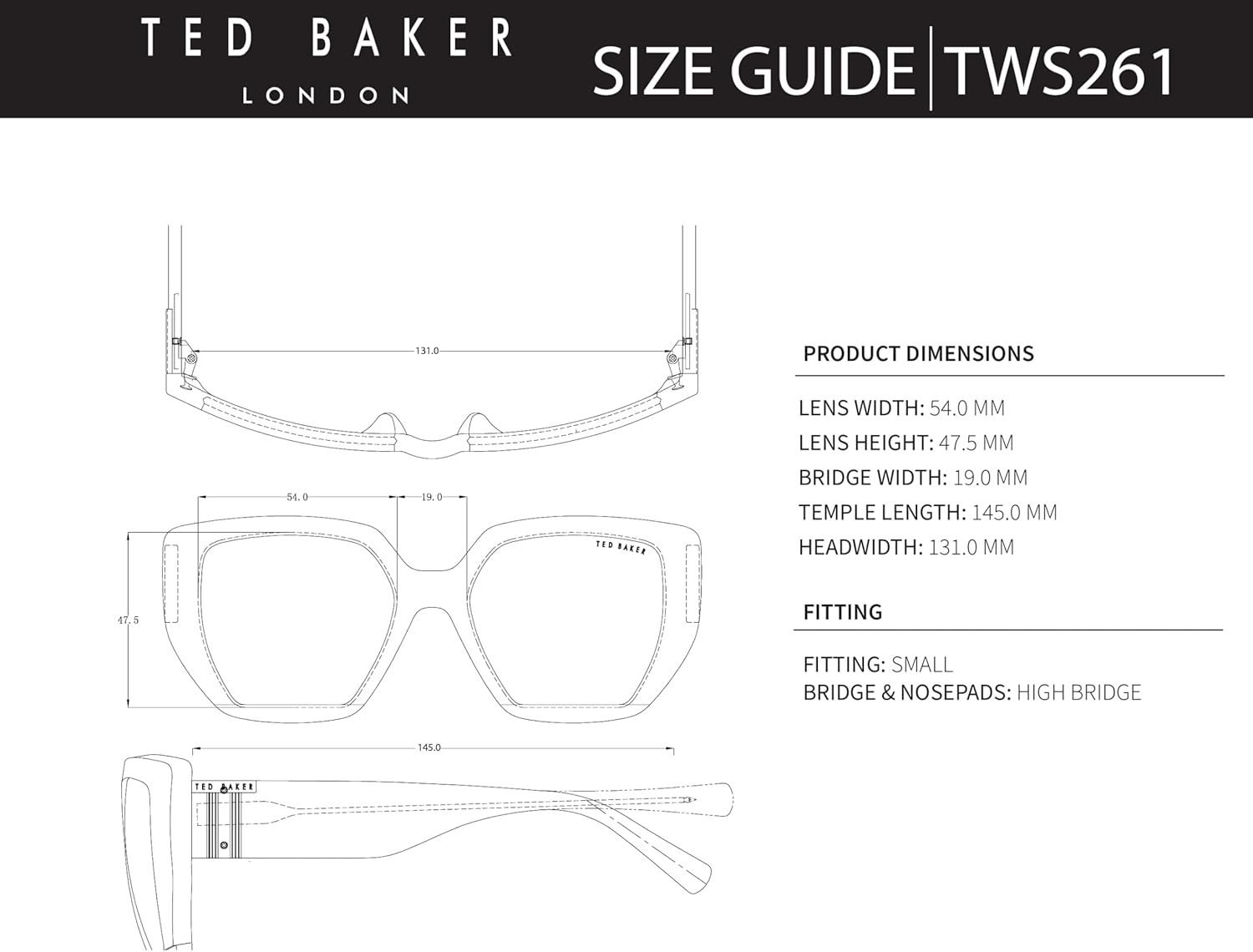 Ted Baker TWS261 Women's Square Cat Eye Sunglasses, 54 mm, UV400 Protection - Image 6
