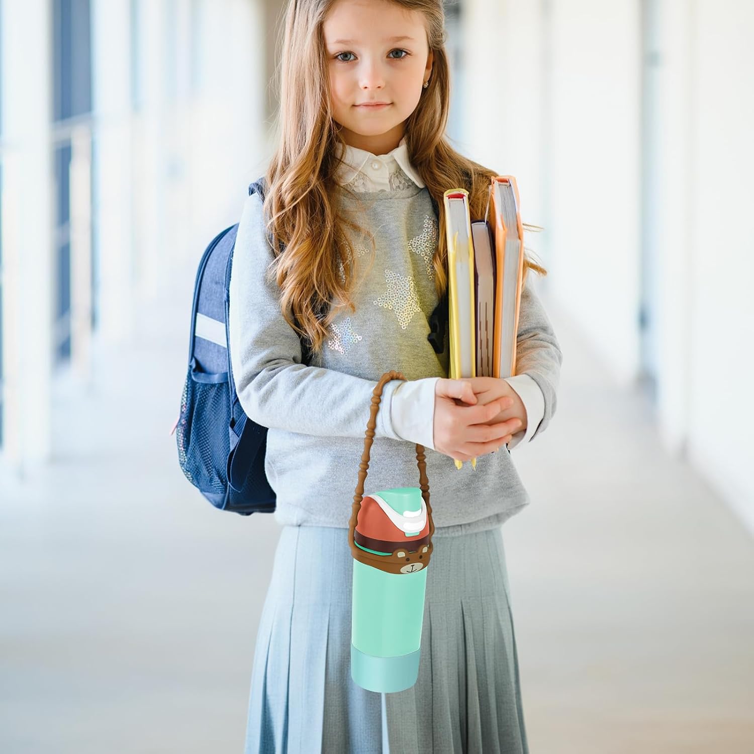 Vmini Silicone Boot with Bottle Strap Set for Owala Accessories, Water Bottle Carrier Strap Compatible with Owala Kids 16/14 oz, Anti-Slip Bottom Protective Sleeve for Owala Kids FreeSip