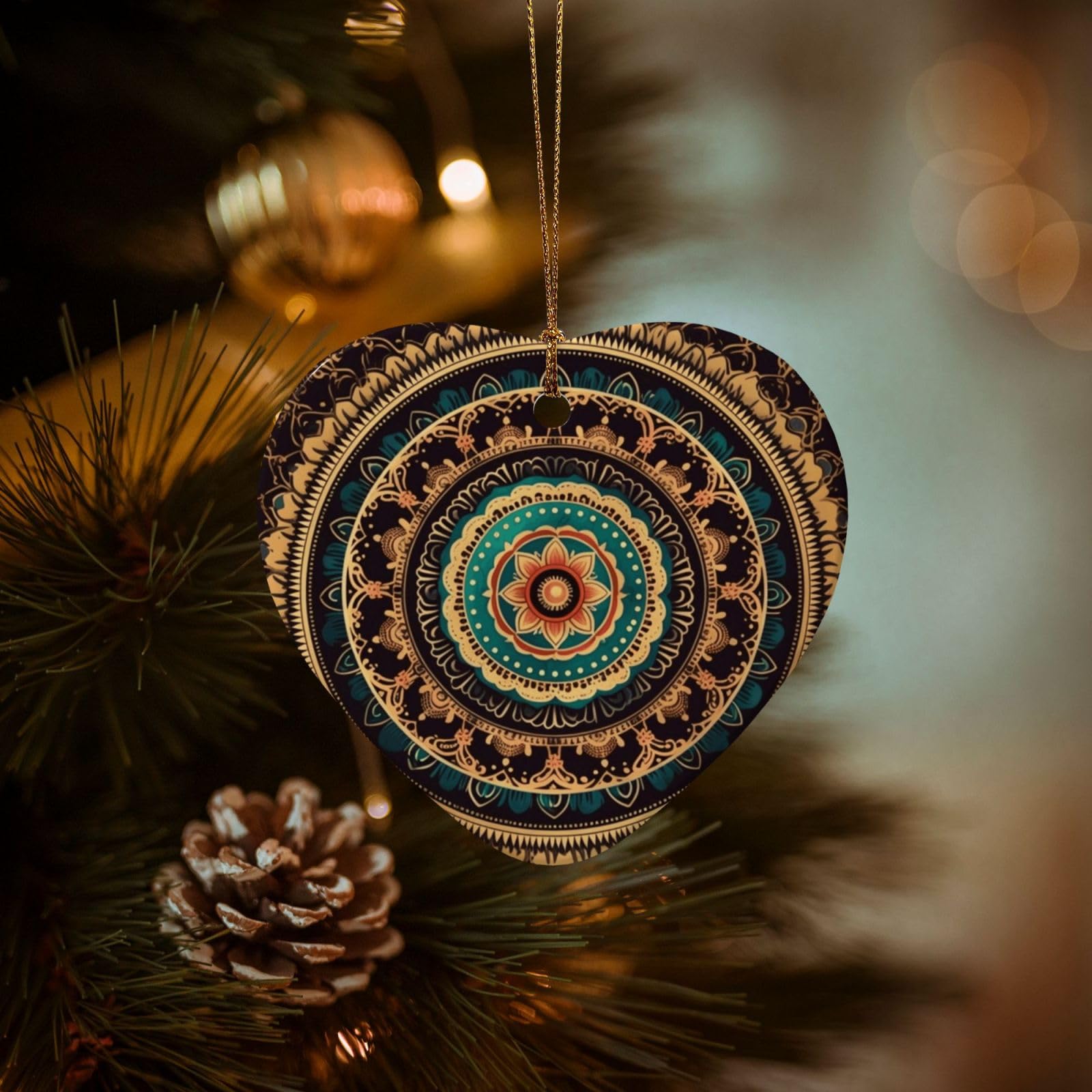 Christmas Tree Ornaments Ceramics Christmas Decorations Mandala Ornaments with Gold Ribbon Porcelain Xmas Tree Crafts Heart Shape Hanging Pendant for Christmas Tree Party Decor