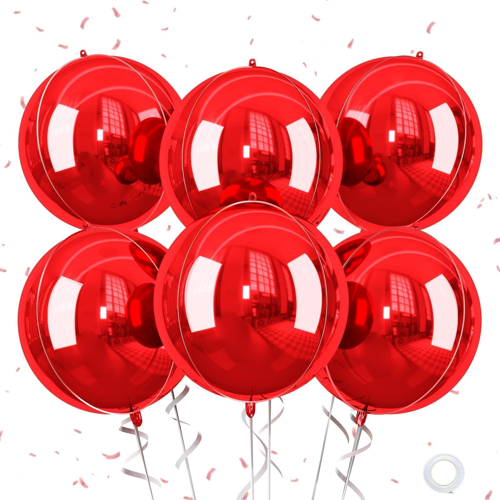 Red Round Foil Balloons, 22 Inch Red 4D Ball Balloons, Metallic Sphere Foil Balloon Ornament for Graduation Baby Shower Wedding Christmas Party Decorations