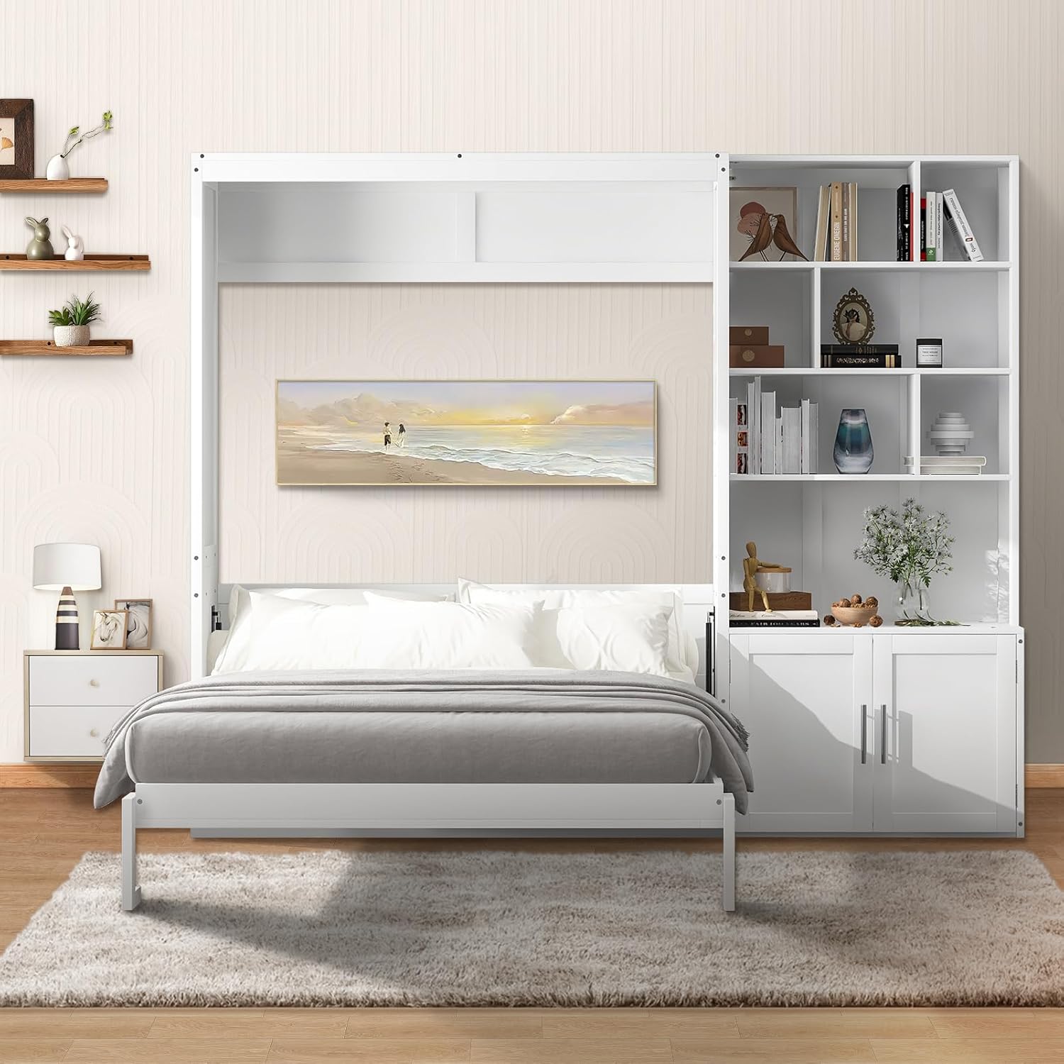 Full Size Murphy Bed, Wood Full Murphy Bed with Multiple Storage Shelves and A Cabinet, Foldable Hidden Wall Platform Bedframe Chest,Modern Wall Bed for Guest Room, Study, Office, White