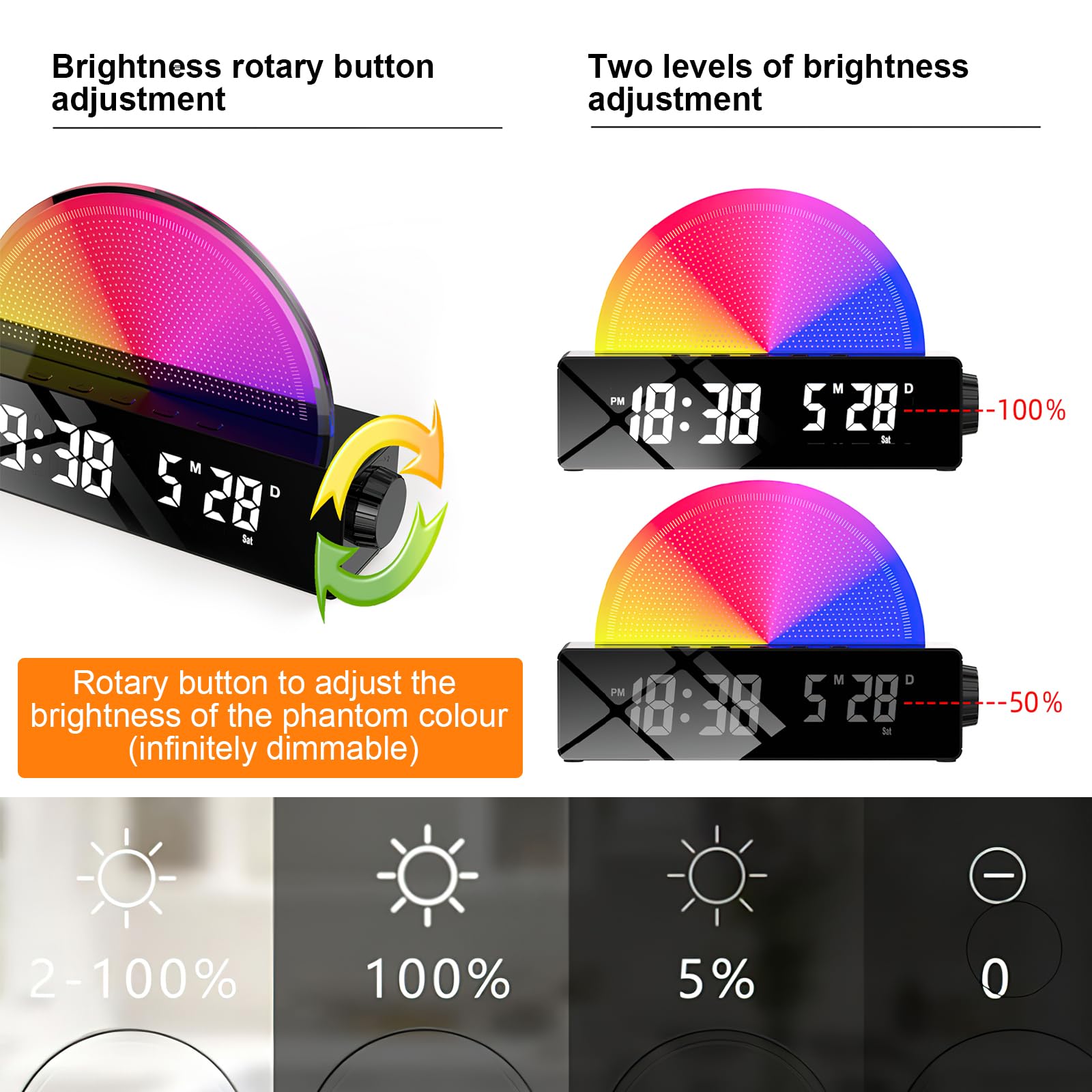 Sveglia digitale, sveglia luminosa con funzione di ricarica USB, sveglia luminosa, sveglia intelligente, luce d'atmosfera, lampada da comodino, display LED colorato, lampada da tavolo, scatola di