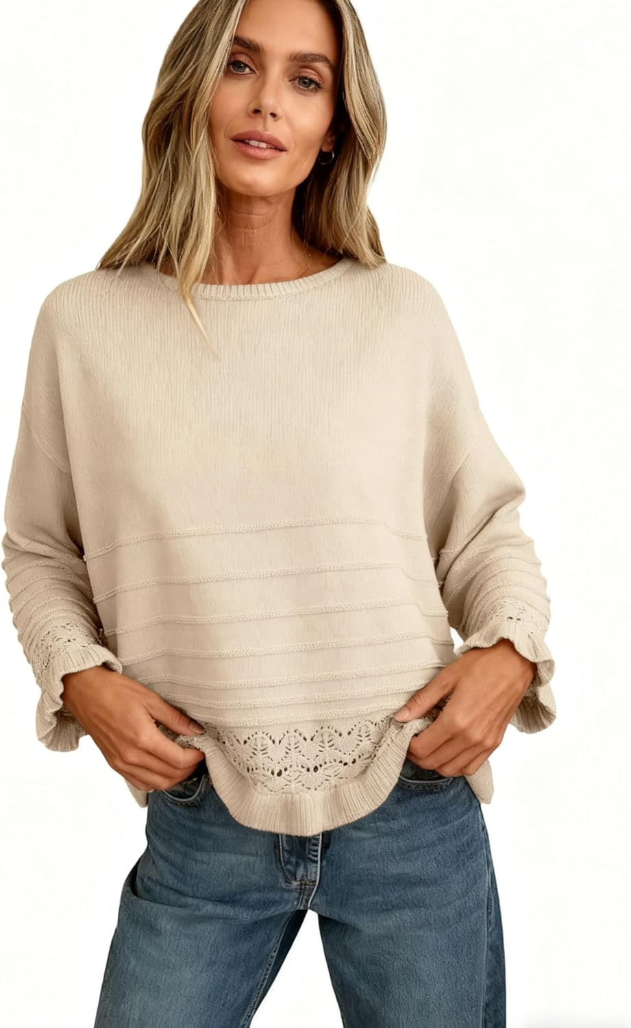 Yeokou Womens Pullover Sweater Round Neck Ruffled Hem Knit Crochet Long Sleeve Winter Spring Casual Top Outfits