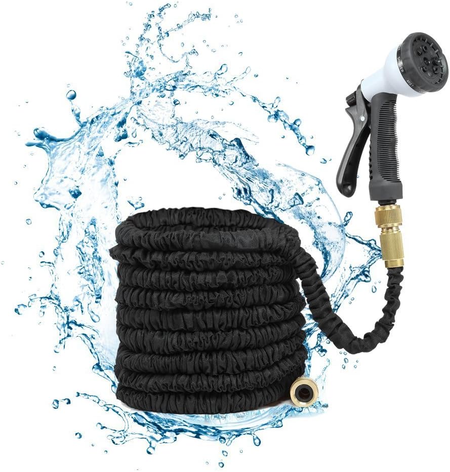 50FT 100FT Expandable Flexible Garden Hose Pipe Aluminium Fittings with 8 FUNCTION SPRAY GUN, 50FT Black