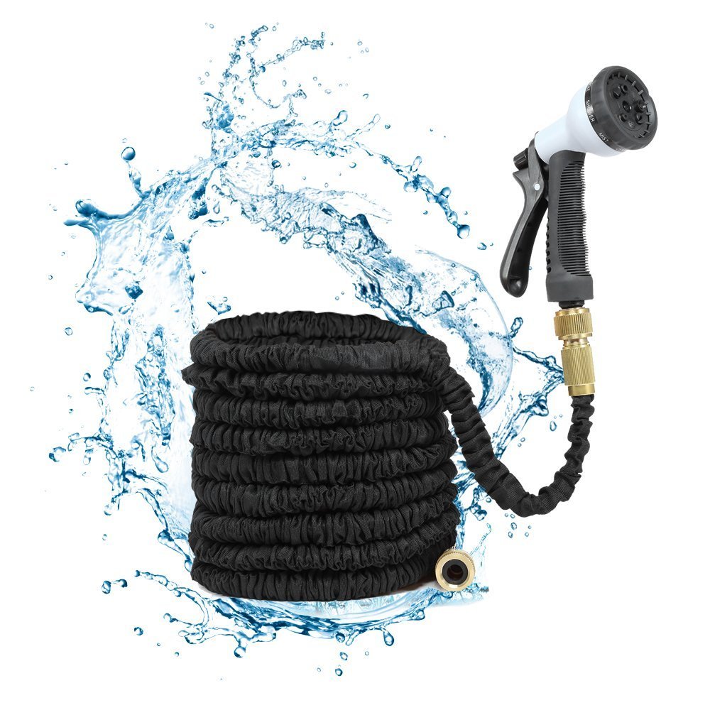 50FT 100FT Expandable Flexible Garden Hose Pipe Aluminium Fittings with 8 FUNCTION SPRAY GUN, 50FT Black