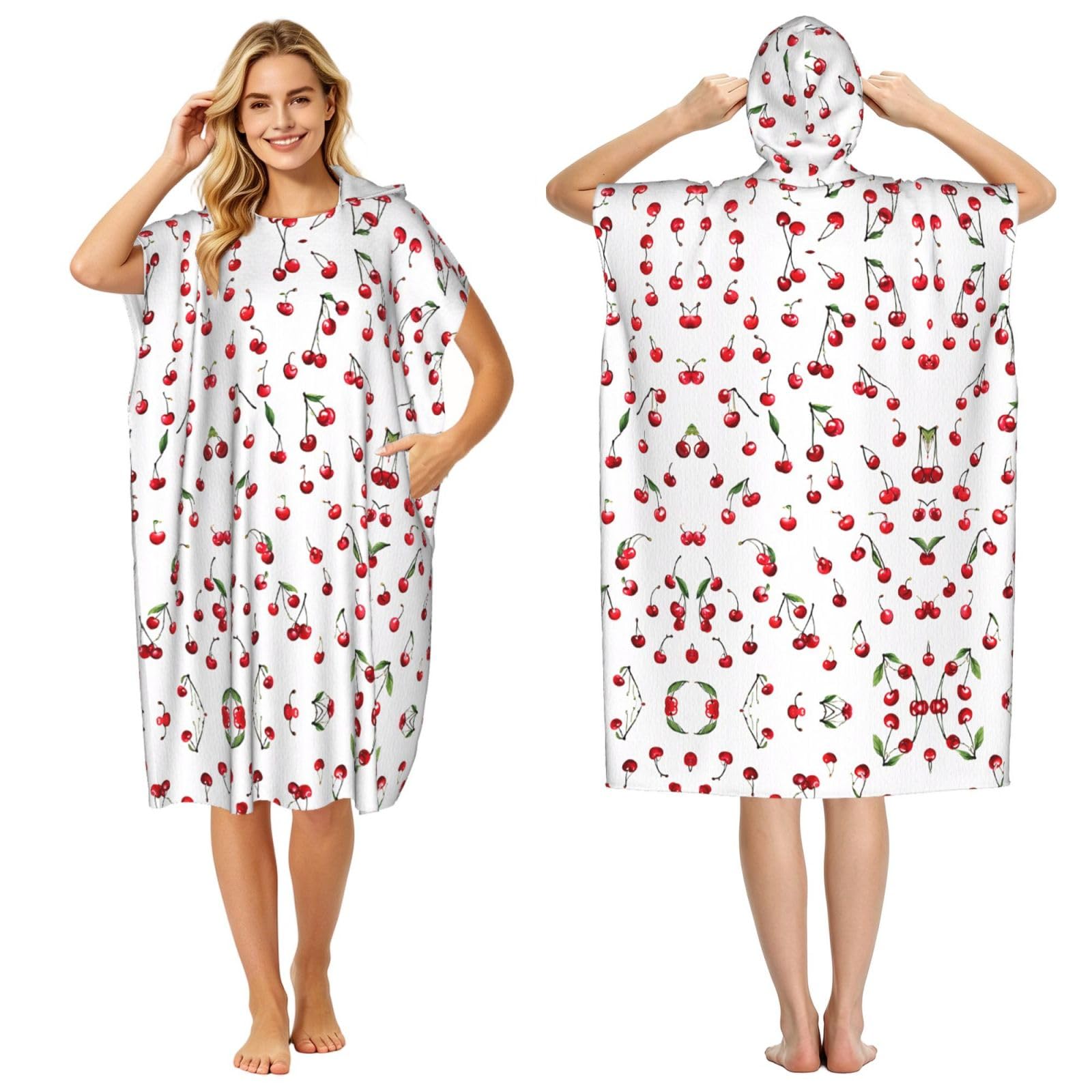 Poncho à capuche en microfibre imprimé cerises pour la plage et le surf