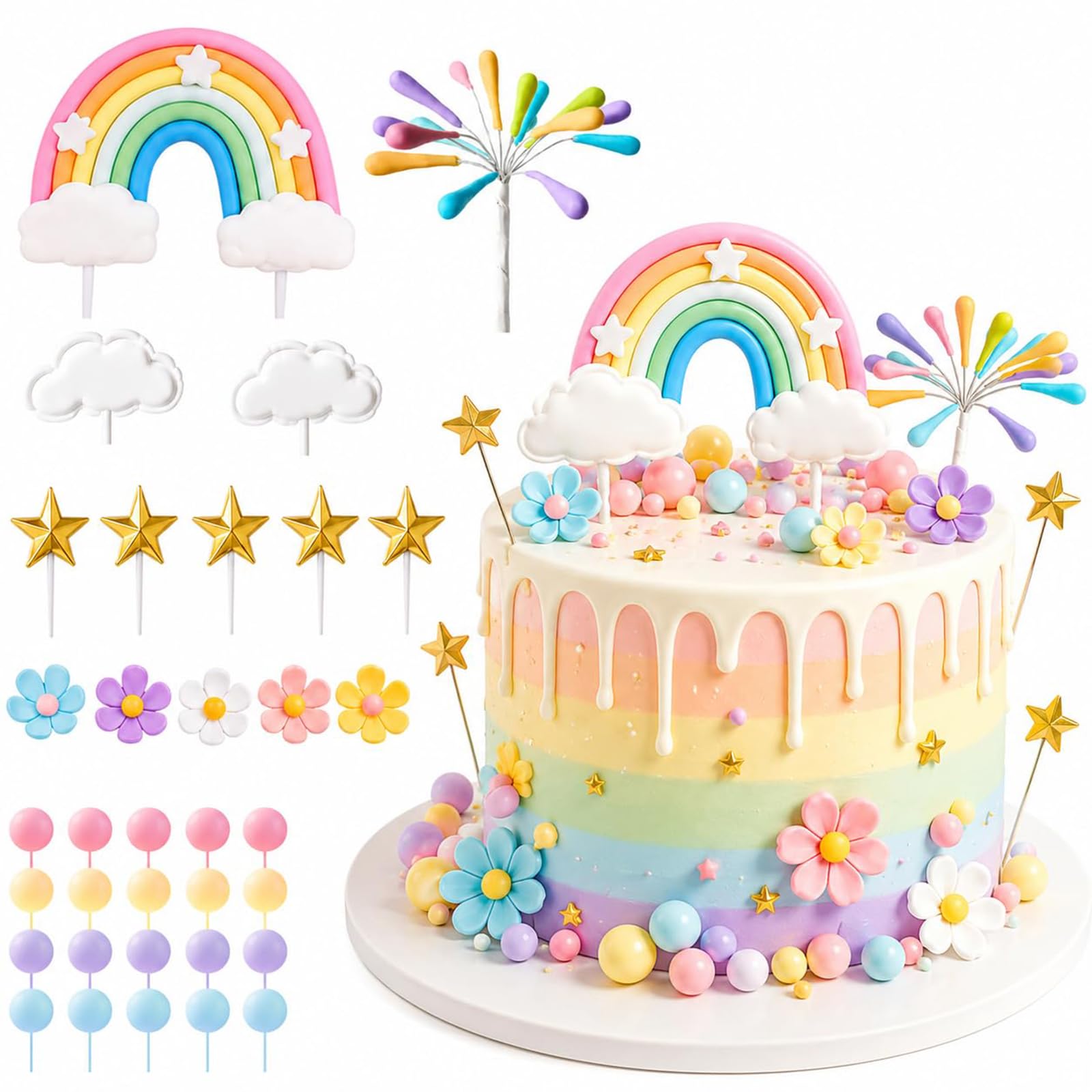 Exylosluxek Rainbow Cake Decorations, 34 Piece Pastel Rainbow Cake Topper Set for Celebration Occasions