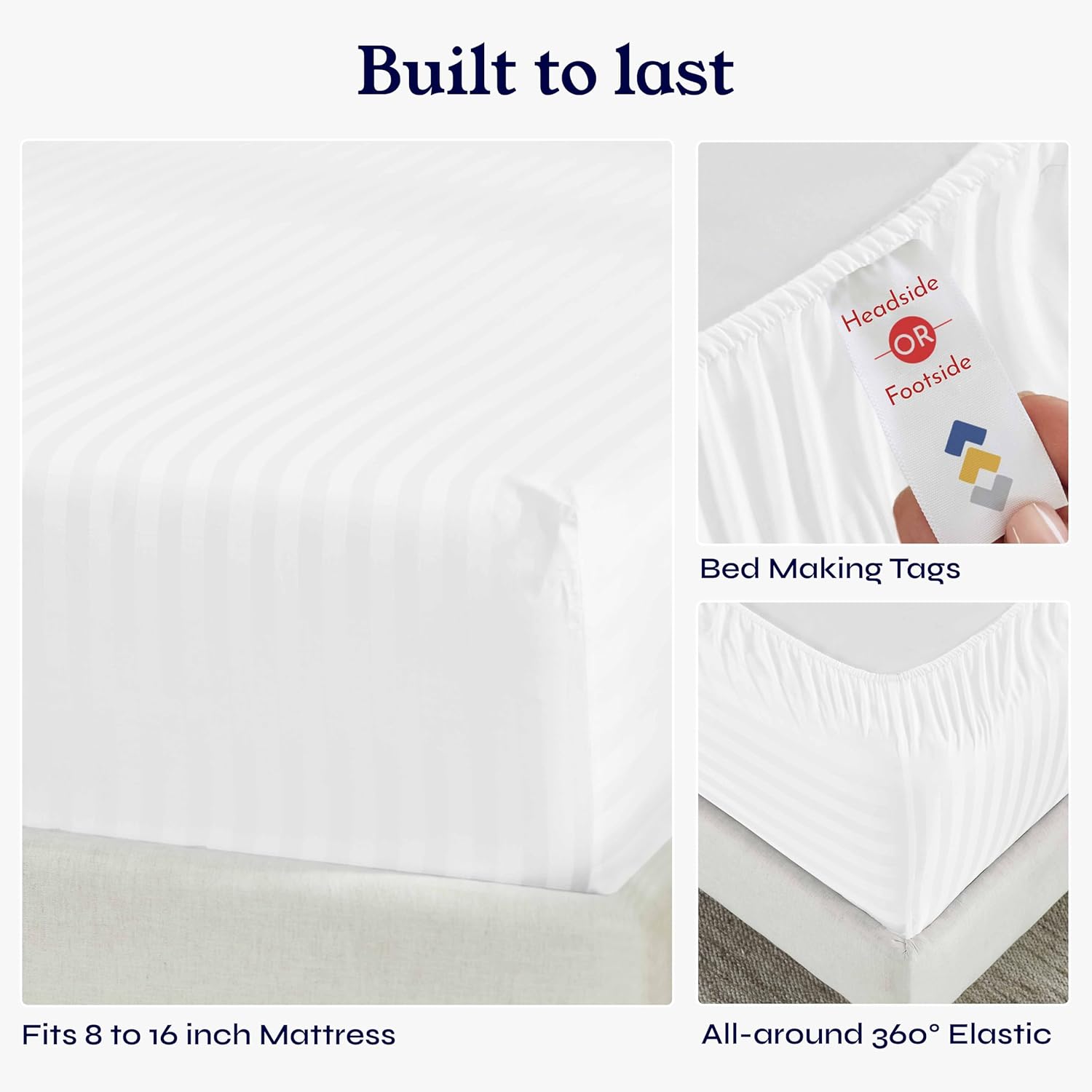 California Design Den 500 Thread Count 100% Cotton Bed Sheets King Size Set with Deep Pockets, Soft & Breathable Sateen, Luxury Striped White Sheets
