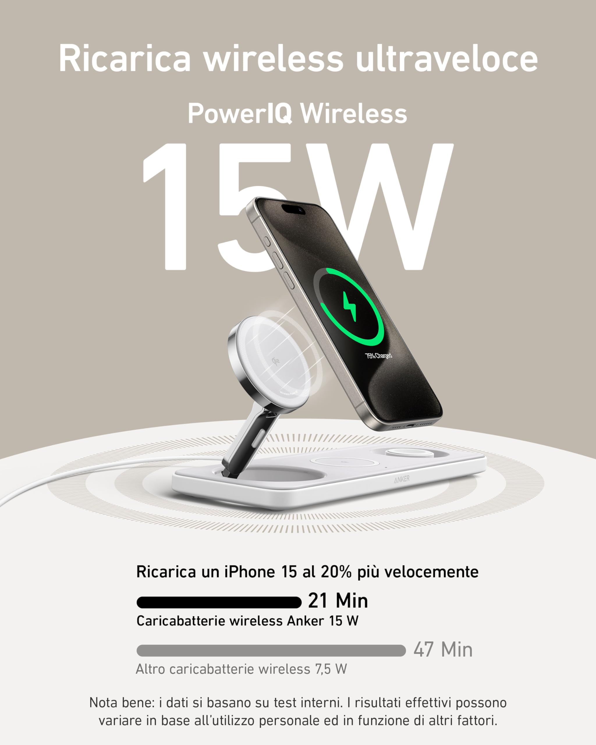 Anker Caricatore Wireless iPhone 15W Stazione di Ricarica 3 in 1, Caricatore Ultra-Rapido Certificato Qi2, per iPhone 17 Pro Max/Serie 16-12, AirPods, Apple Watch(Caricatore e Cavo USB-C Inclusi)