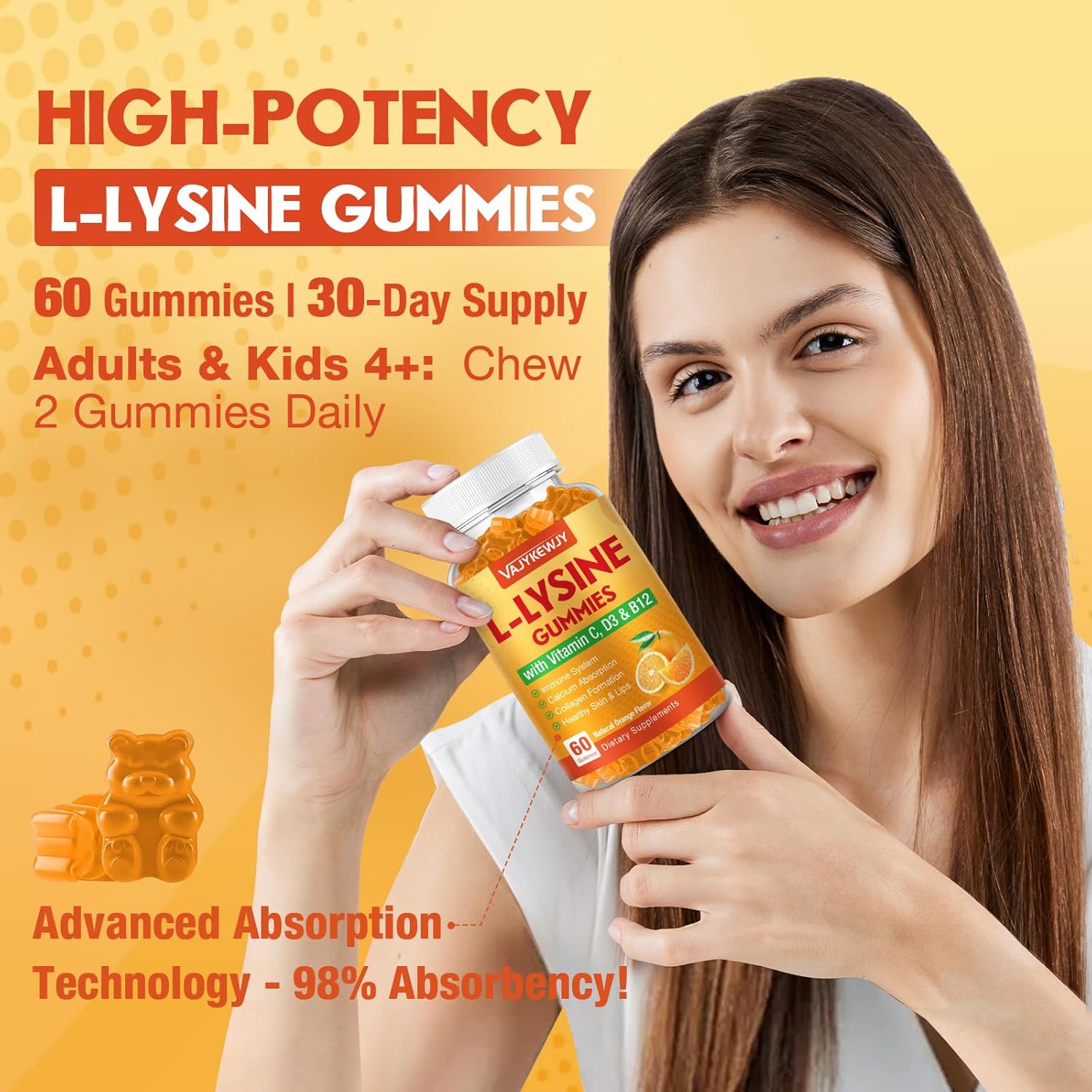 L-Lysine Gummies 1000 mg for Immune Support, Delicious Orange Flavor, Vegan, Non-GMO, Gluten-Free – 120 Count