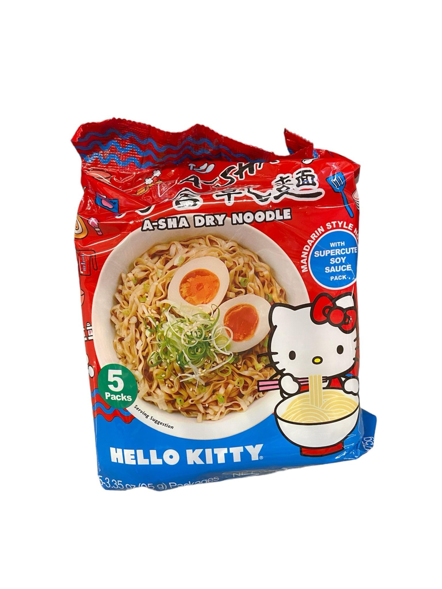 Intercart A-Sha Hello Kitty Dry Noodle Mandarin Style with Supercute Soy Sauce - Embrace Delightful Fusion with Every Bite – 16.75 Oz (pack of 6) (Total 30 pcs)