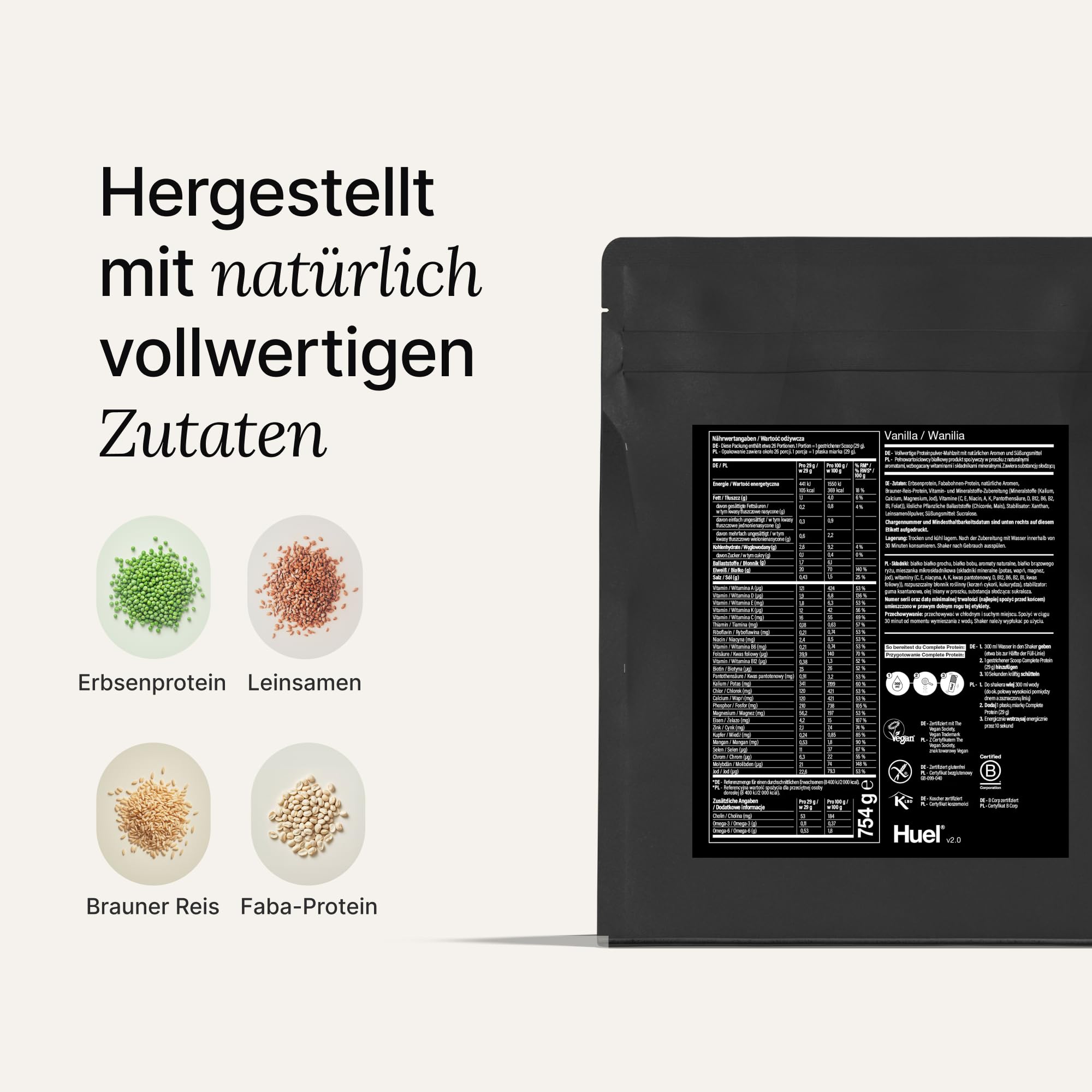 Huel Complete Protein Pulver, 26 Portionen, Vanille-Geschmack, 20 g Protein pro Portion, Veganes Proteinpulver, Glutenfrei, Ohne Soja, natürlich aromatisierter Protein Shake
