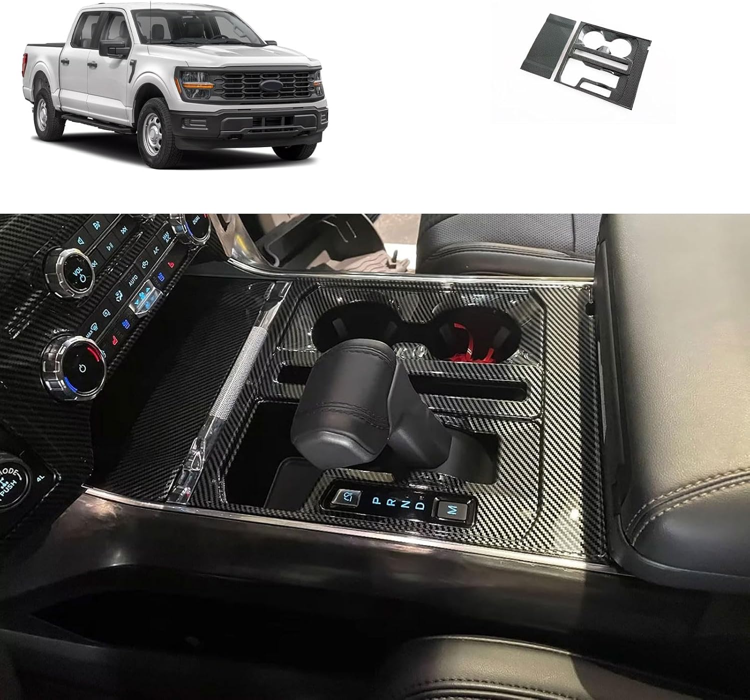 Gear Shift Panel Cover Compatible with Ford F150 F-150 2026 2025 2024-2021 Gear Shift Console Panel Trim Cup Holder Frame Cover Interior Car Accessories ABS 2PCS(Carbon Fiber Style)