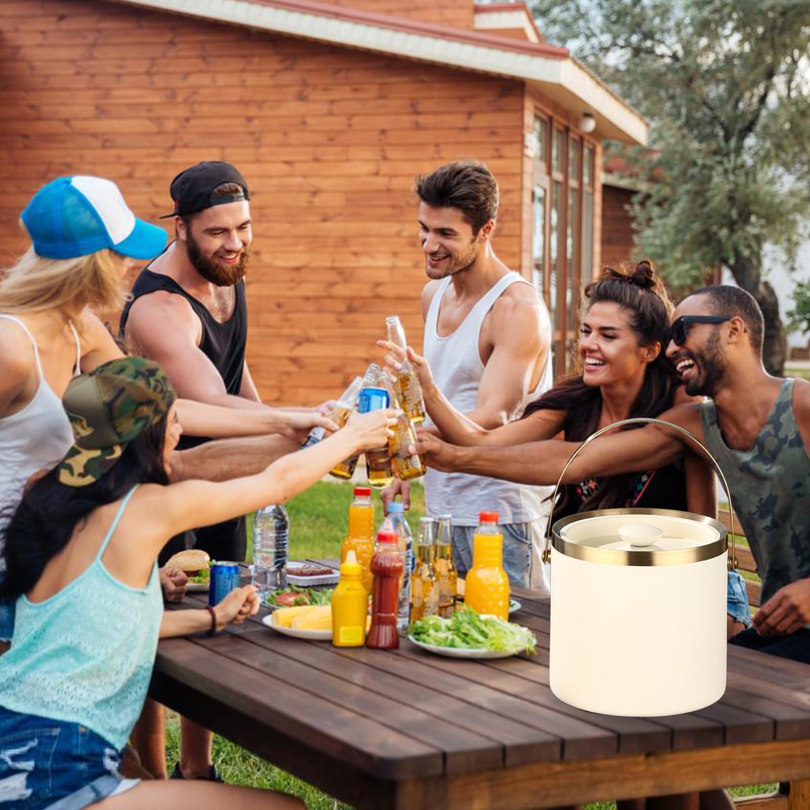Cubitera de hielo aislada con tapa, acero inoxidable de doble pared, sellada al vacío para cócteles, cerveza y champán, ideal para bares, pubs, barbacoas y picnics (blanco)