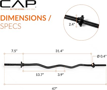 CAP Barbell 47-Inch Standard Threaded Solid Easy Curl Bar, Black