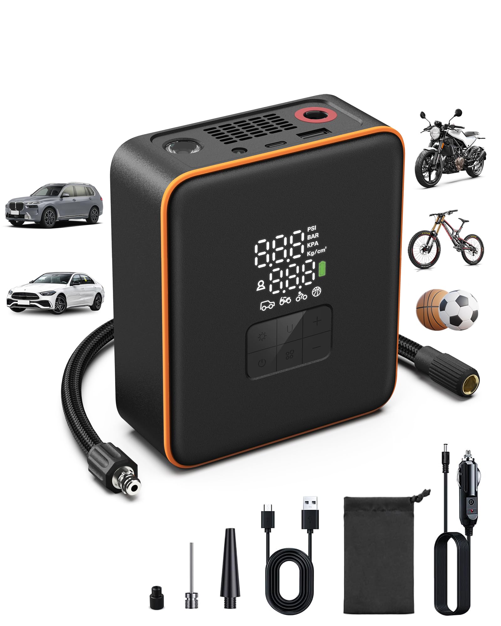 COCHEJUGAR Tire inflator portable air compressor, 5X Faster Inflation with 7800mAh 12V DC Dual Power Electric, Digital Pressure Gauge Cordless Air