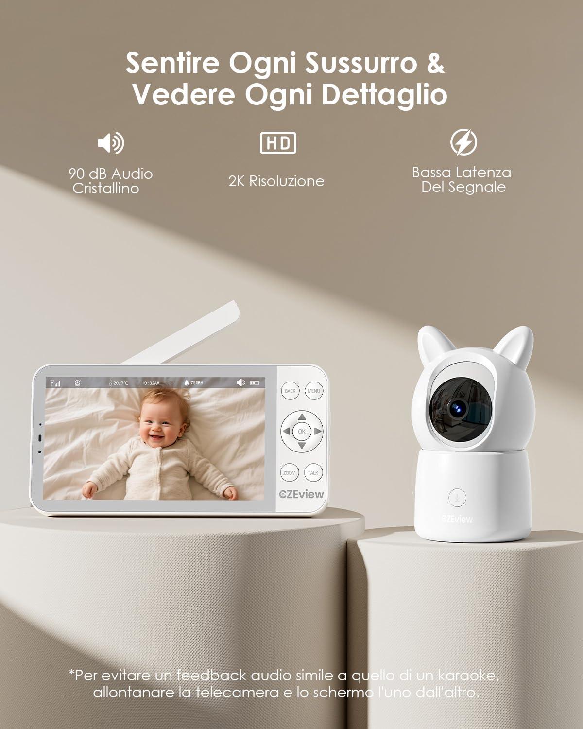 CZEview 5,5" 2K Baby Monitor Video e Audio, Luce Notturna & Musica, Telecamera Bambini, Controllo Tramite APP Mobile & Monitor, Rilevamento di Grida/Movimento (Baby monitor con 1 telecamera)