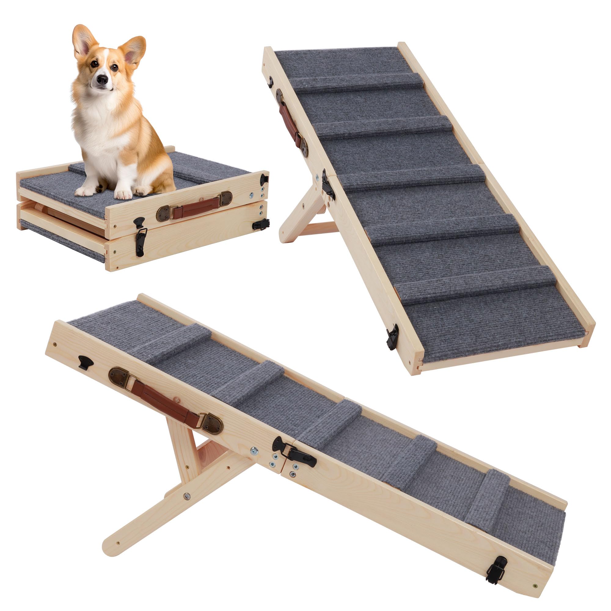 Rampa para perros de 80 cm, escalera con 3 barras, madera de pino y goma, 6 niveles de altura, capacidad de carga