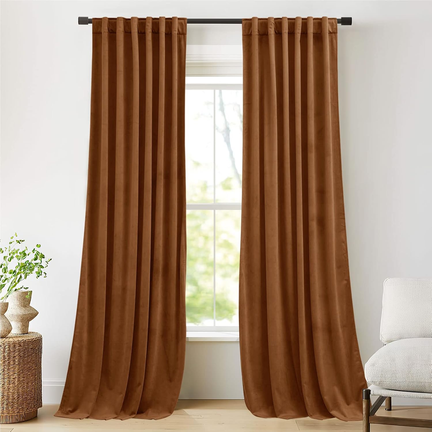 NICETOWN Burnt Orange Insulated Blackout Velvet Curtains for Patio, Solid Heavy-Duty Large Window Treatments Drapes for Sliding Glass Door (2 Panels, 108 inches Long)
