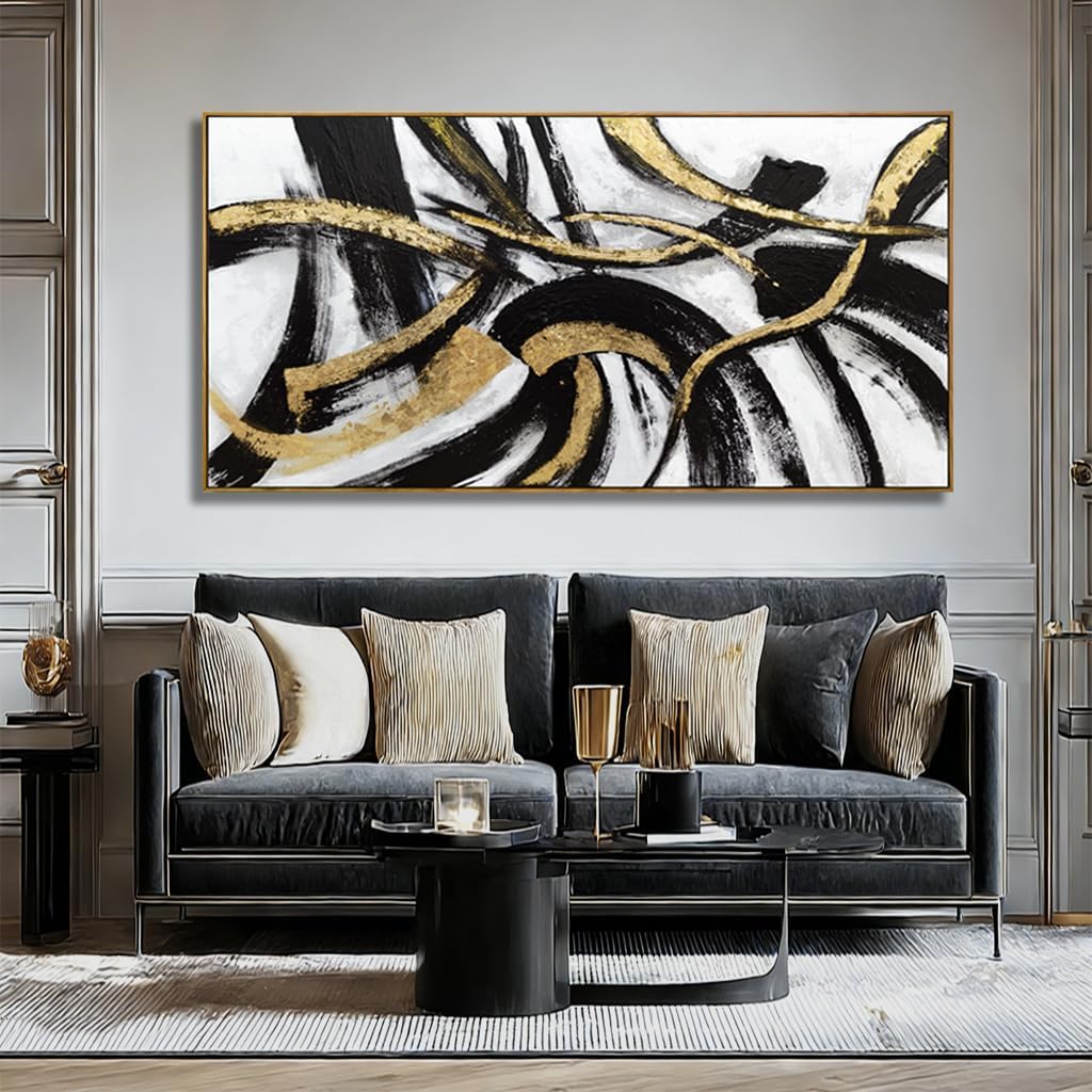 Black And Gold Abstract Framed Wall Art Minimalist Lines Painting Artwork Modern Picture Prints Large Wall Decor 24"x48"