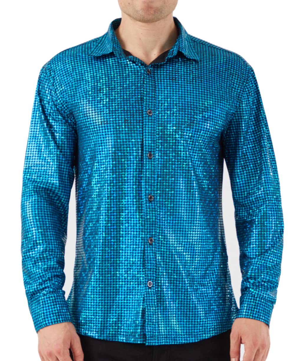 WULFUL Men Dress Shirt Sequins Long Sleeve Button Down Shirt Luxury Disco Party Nightclub Christmas Prom Costume