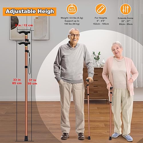 Miniatura 3 de MFE Bastón plegable, portátil de 5 niveles de altura ajustable con diseño plegable, correa de muñeca y mango en T para hombres y mujeres