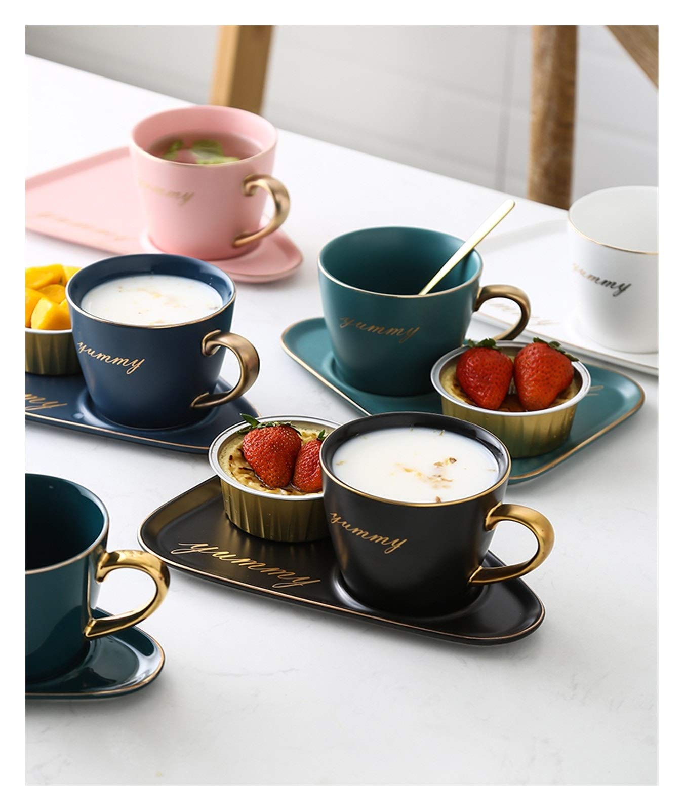 Tazas de café grandes de cerámica, Juego de taza y platillo for té café con cuchara en caja regalo multicolor(Roze)