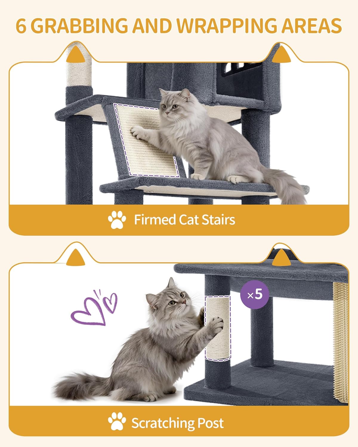 Hzuaneri Large Sturdy Cat Tree Tower, 84 Inch Tall Pet Condo for 7 Large Cats, Cat Tree Indoor Climbing Activity Tower, 2 Large Platform/2 Cave/2 Hanging Basket/5 Scratching Post, Dark Grey MS21318SG