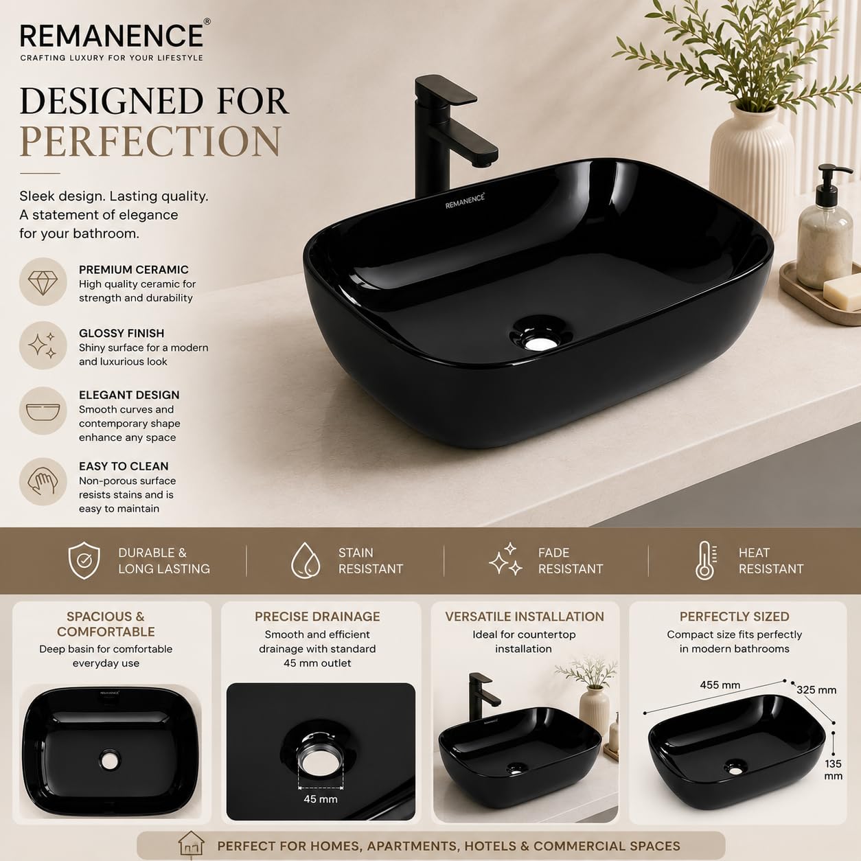 REMANENCE Premium Designer Glossy Finish Table Top Ceramic Wash Basin/Vessel Sink with Slim Rim Counter Top Basin for Bathroom (18 x 13 x 5.5 Inch) (Glossy-Black)