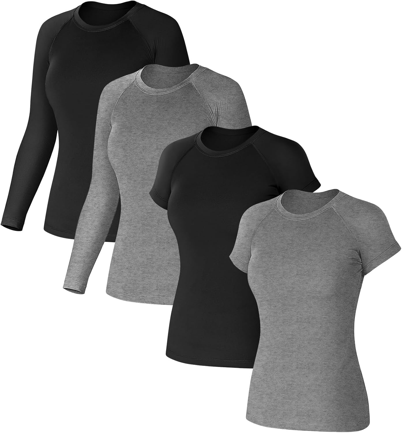 Coume 4 Pack Women's Compression Shirts Quick Dry Long/Short Sleeve Workout T-Shirt Athletic Top Baselayer Sport Yoga Gym