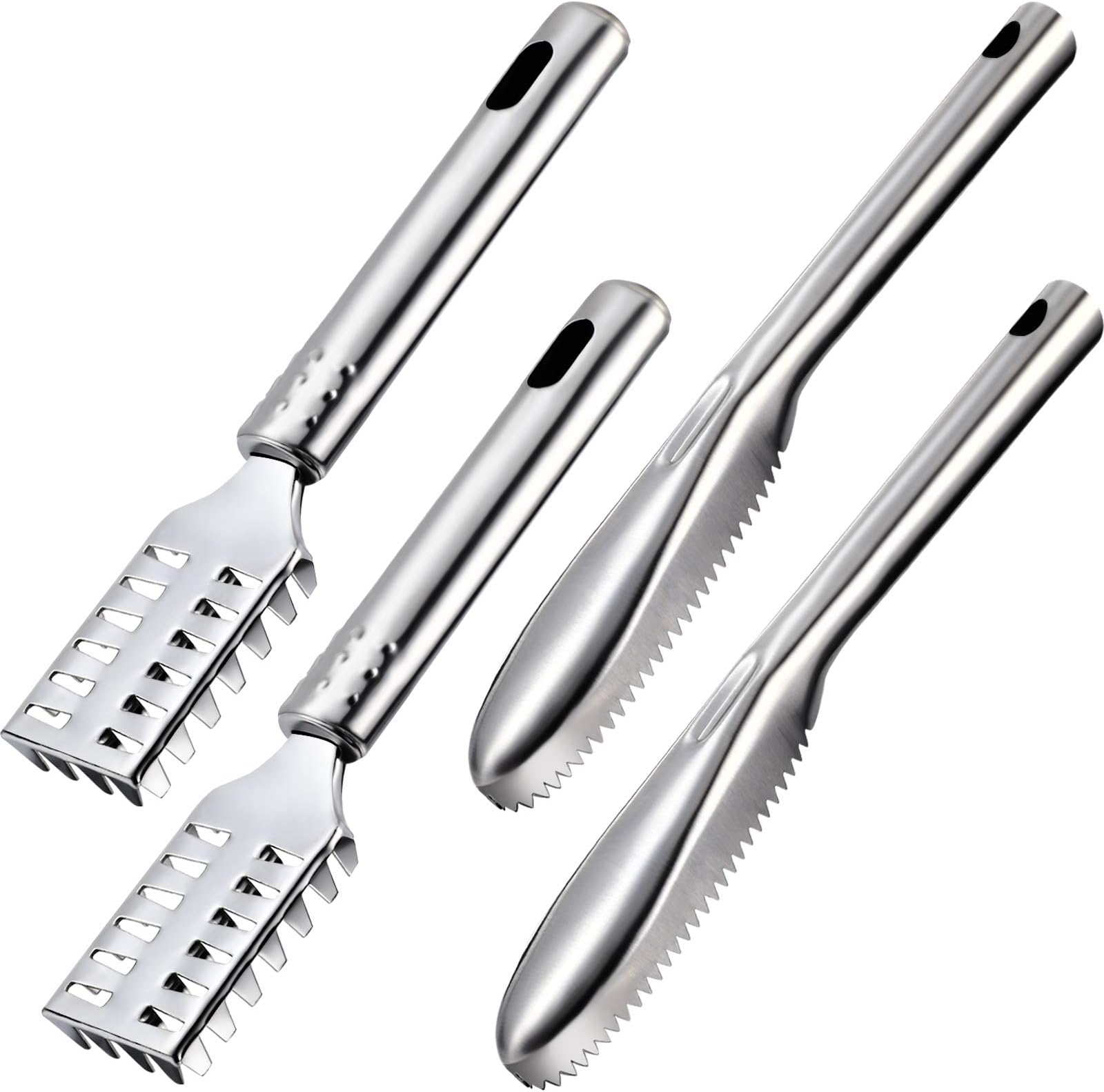 4 Piece Fish Scaler Remover Brush Set - Stainless Steel Sawtooth Scarper With Ergonomic Handle for Kitchen - Faster and Easier Scales Skin Removing Peeling Tool
