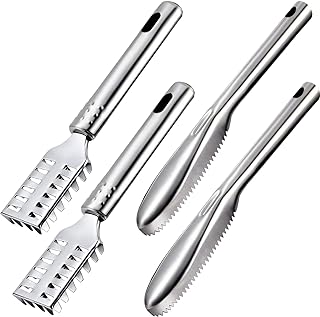 4 Piece Fish Scaler Remover Brush Set - Stainless Steel Sawtooth Scarper With Ergonomic Handle for Kitchen - Faster and Ea...