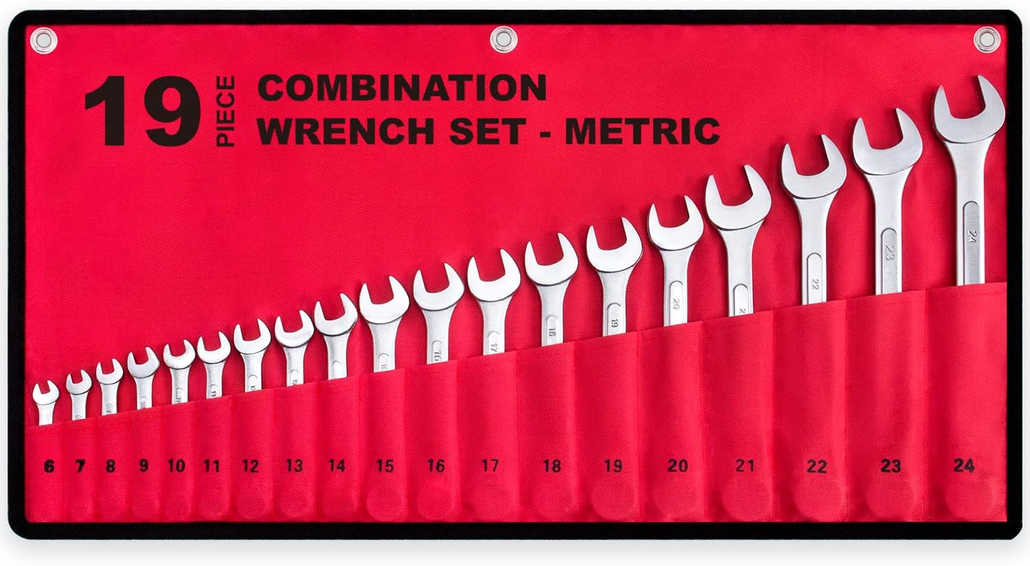19-Piece Complete Metric Combination Wrench Set in Roll-up Pouch, No Skipped Metric Sizes 6mm - 24mm | Best Value Wrench Set, Ideal for General Household, Garage, Workshop, Auto Repairs, Emergency