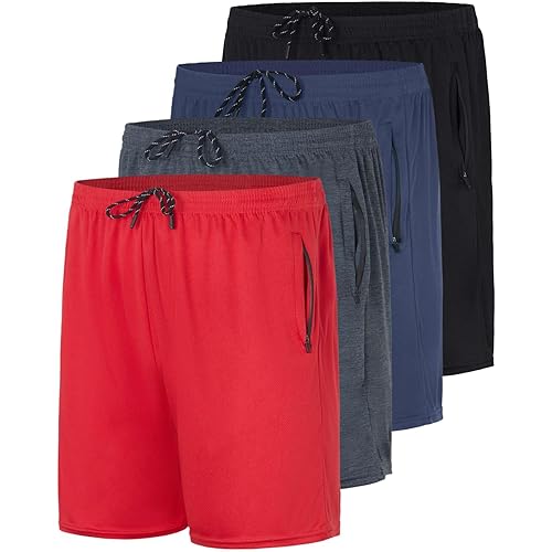 Real Essentials 4 Pack: Men's 7" Athletic Running Quick Dry Mesh Shorts with Zipper Pockets (Available in Big & Tall)