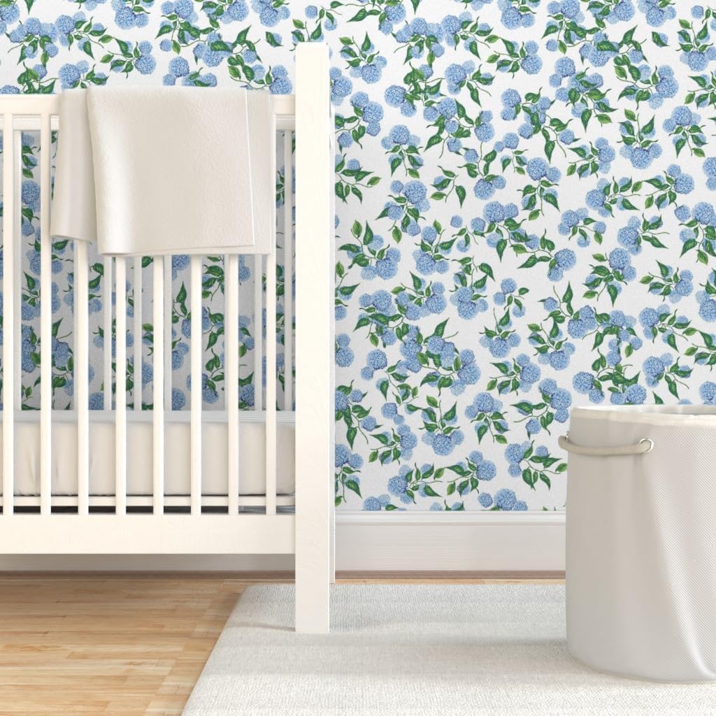 Peel & Stick Wallpaper 3ft x 2ft - Hydrangea Floral,Blue Green Botanical,Garden Bloom,Meadow,Hamptons,grandmillennial Custom Removable Wallpaper by Spoonflower