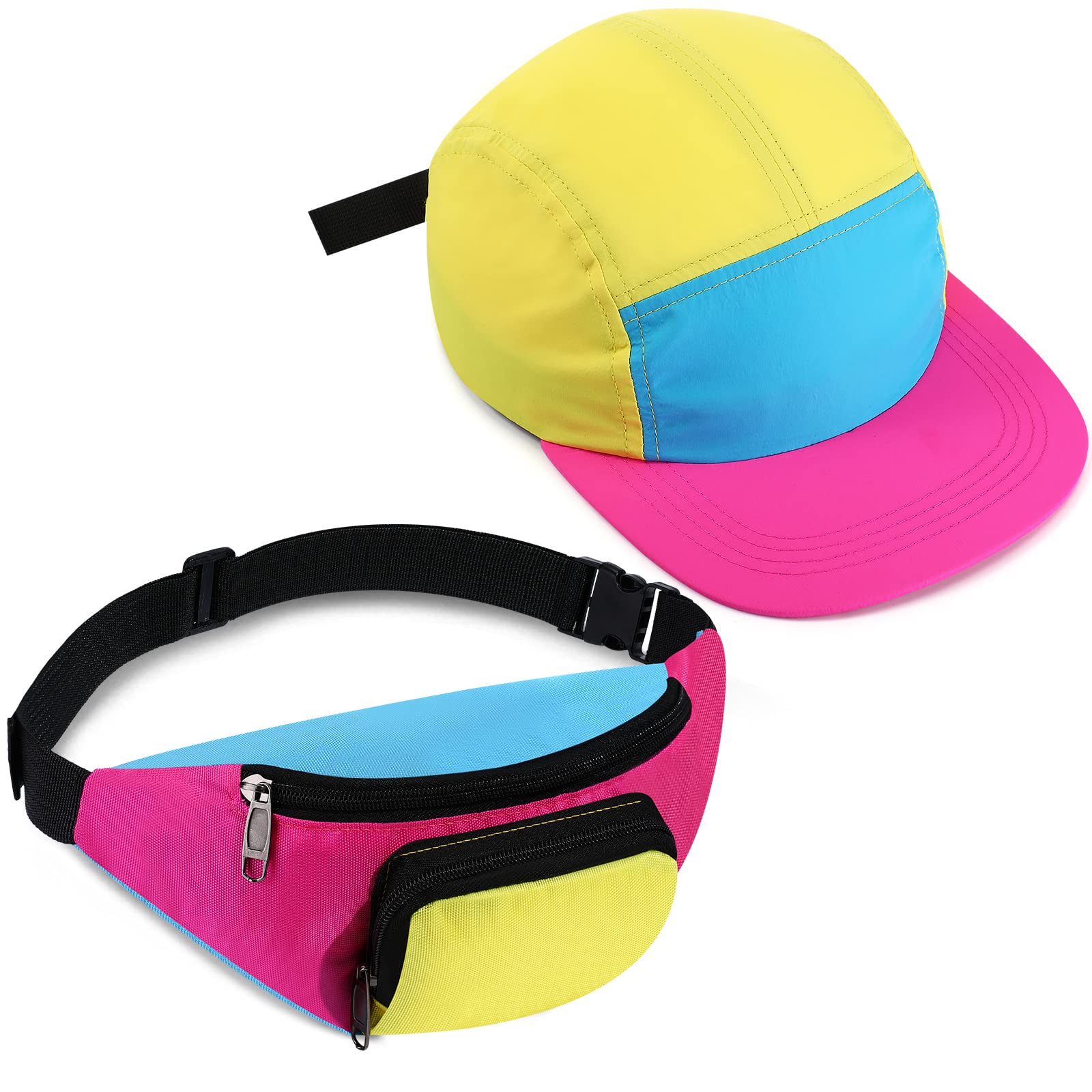 Set Cappello Baseball E Marsupio Retrò Anni 80/90 Neon, Nero Taglia Unica, Per Feste A Tema, Viaggi E Rave - 2