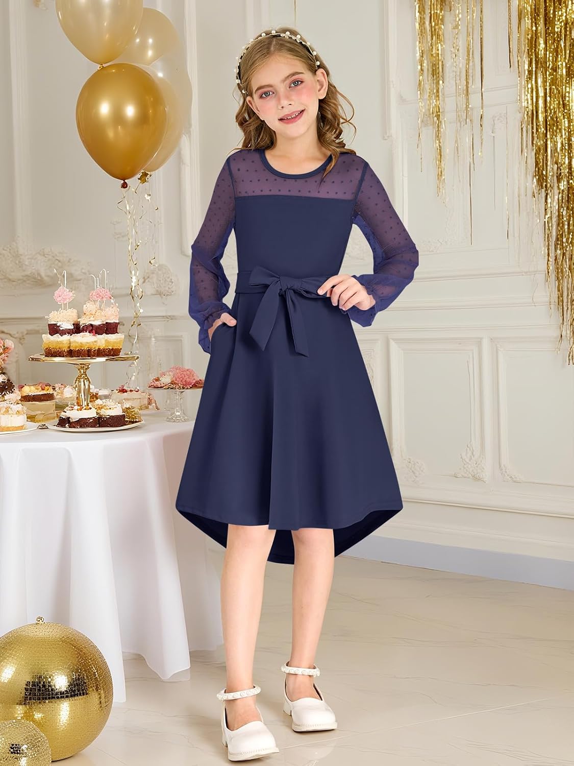 Girls Dresses Puff Long Sleeve Mesh A Line Casual Formal Party Dresses Belted Dress with Pockets 5-14 Years - Image 4