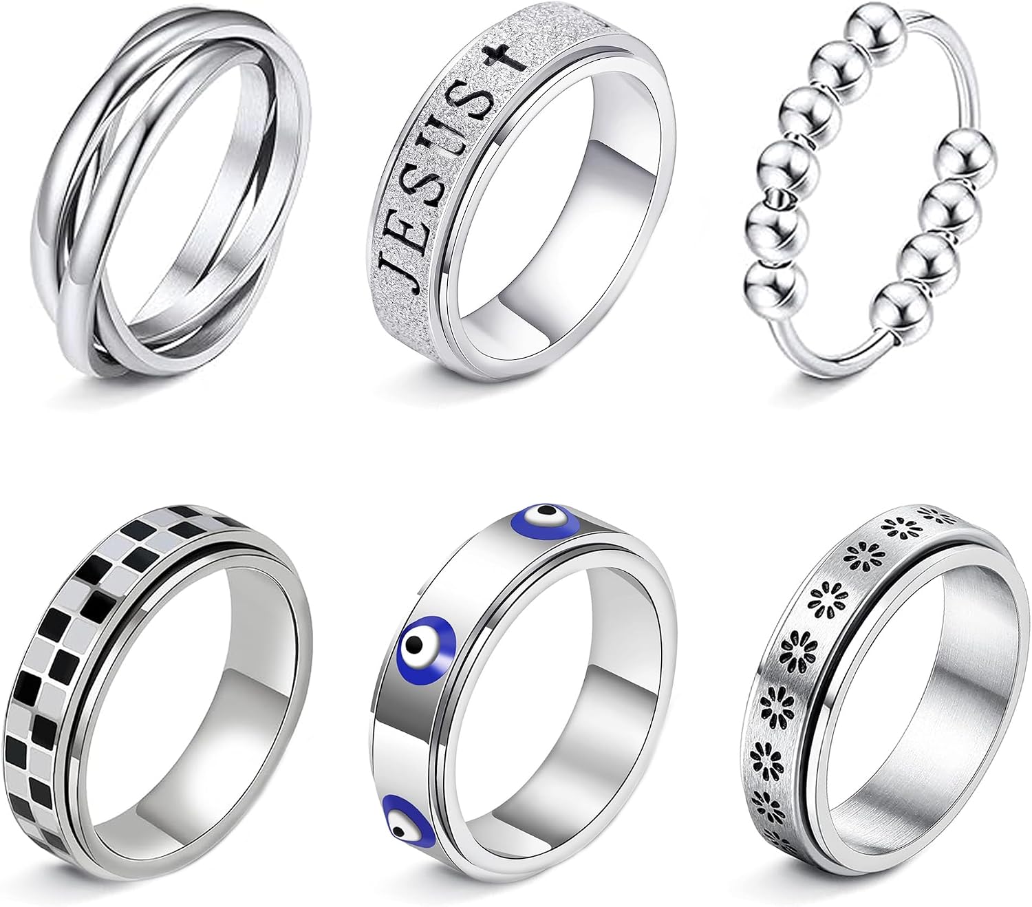 LOFITOR Fidget Rings for Anxiety 6pcs Stainless Steel Spinner Ring Anti Anxiety Ring Spinning Moon Star Cool Stress Relieveing CZ Rings for Women Men Band Rings Set
