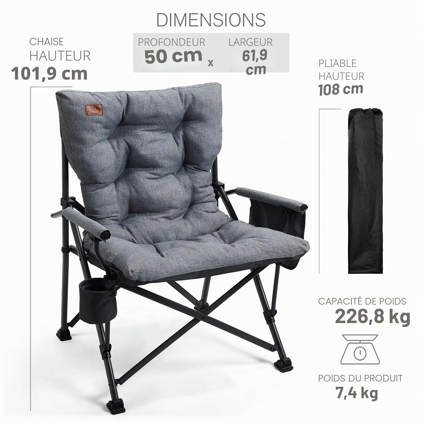 EVER ADVANCED Chaise Camping Pliable XL Assise rembourrée, 230kg | Chaise pliante largeur d'assise 62 cm avec poche latérale, porte-gobelet, surdimensionnée pour camping, extérieur, gris