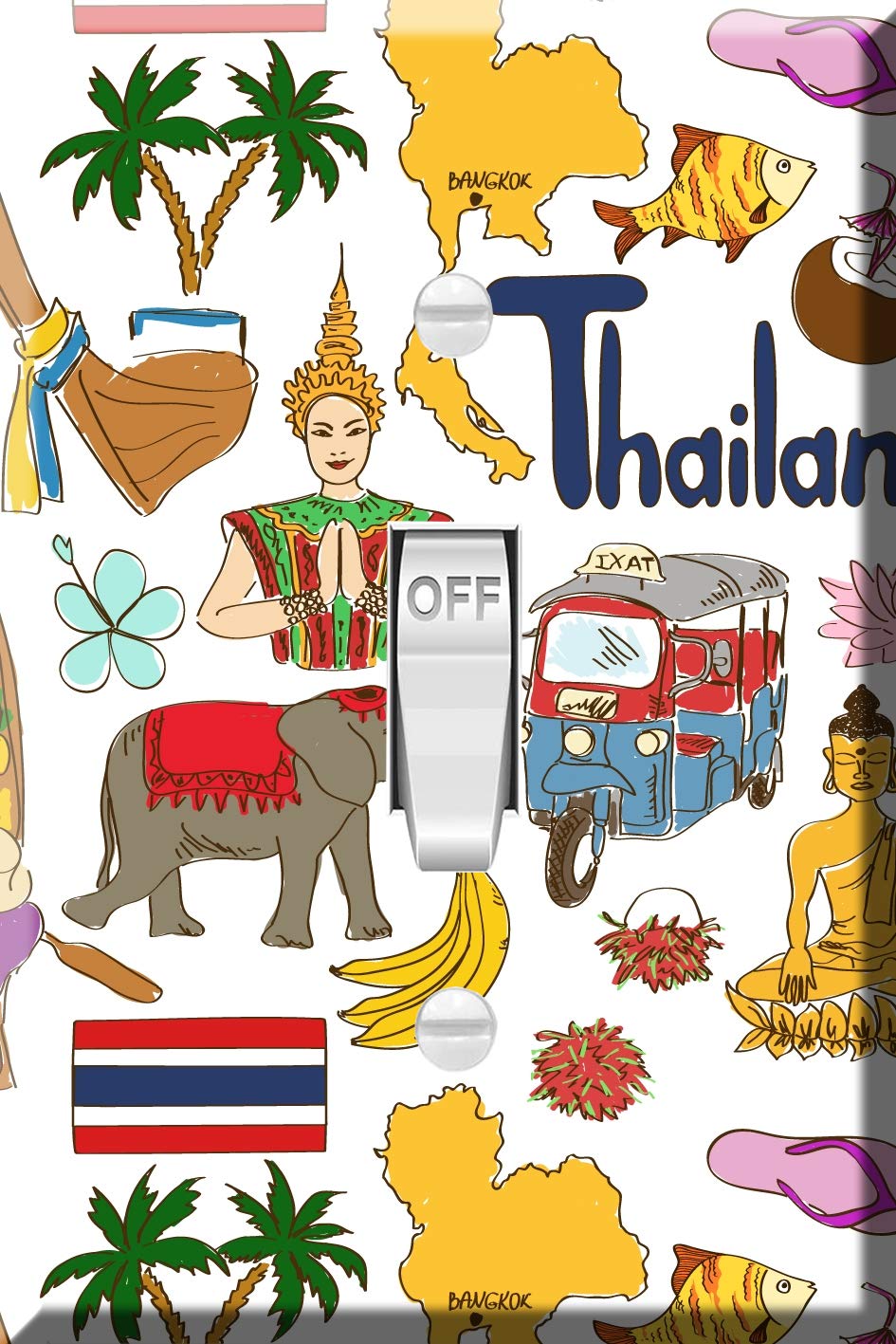Toggle Wallplate, Single Light Switch Cover Plate - Fun colorful sketch Thailand pattern