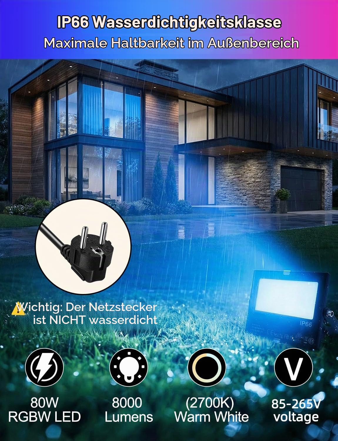 HEKEE RGB Led Strahler Außen, Farbwechsel 80W, DIY-Blitzmodus, RGB Led Fluter, Timer, Bluetooth IP66 wasserdicht