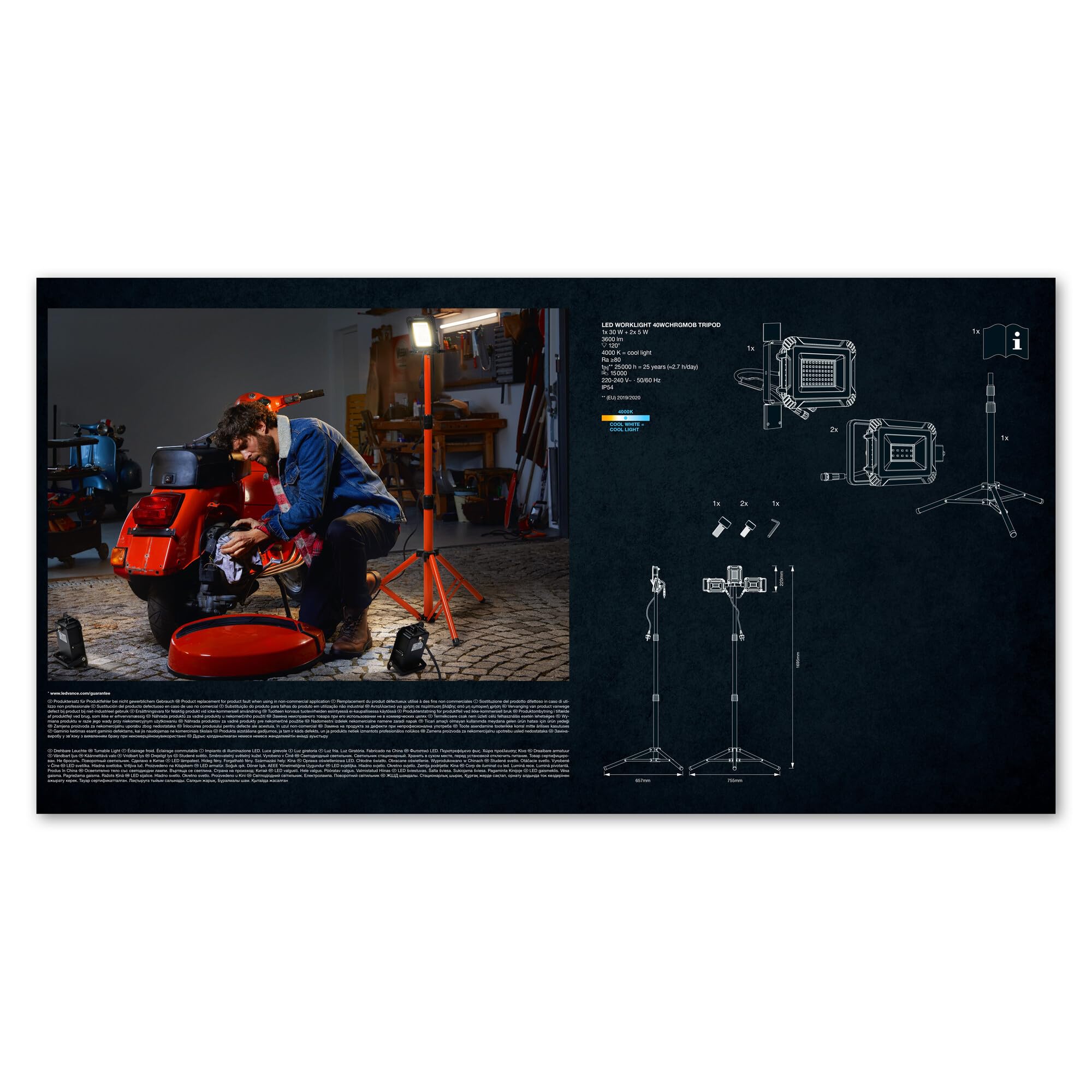 LEDVANCE Worklight LED Tripod - Arbeitslicht mit Stativ, zentraler Fluter mit 30W und zwei abnehmbaren Akku Strahlern 5W, IP54, 3280 Lumen, 4000K kaltweiß, Rotationswinkel 360°