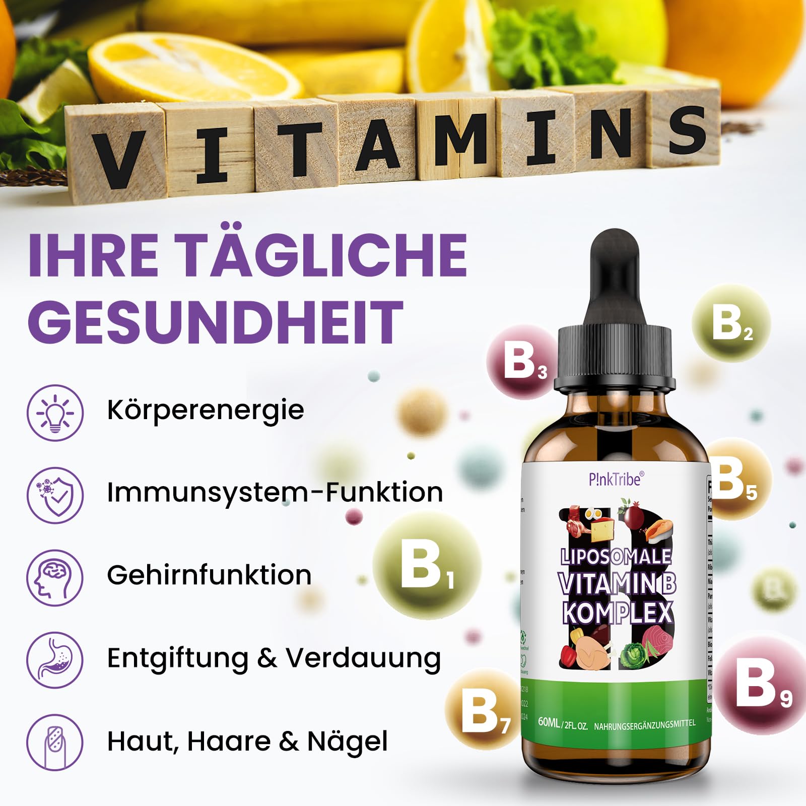 Vitamina B Complex Liposomal - Complejo de Vitaminas B en Forma Líquida de Alta Dosis con las 8 Vitaminas B, Sin Aditivos, 60 ml (Paquete de 4)