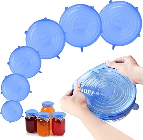 Tapas de silicona elásticas, juego de 6 unidades, tapas reutilizables de silicona para almacenar y sellar alimentos